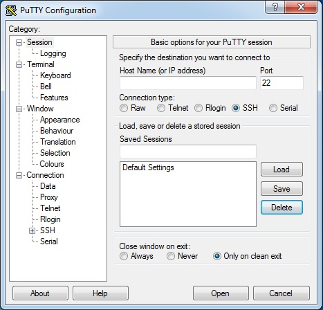 putty settings for ssh session windows server