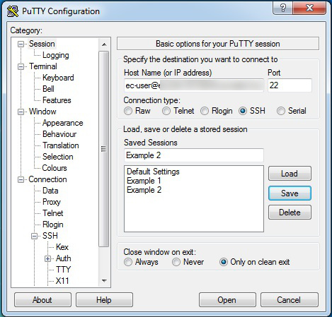 The PuTTY interface with the two virtual machines saved
