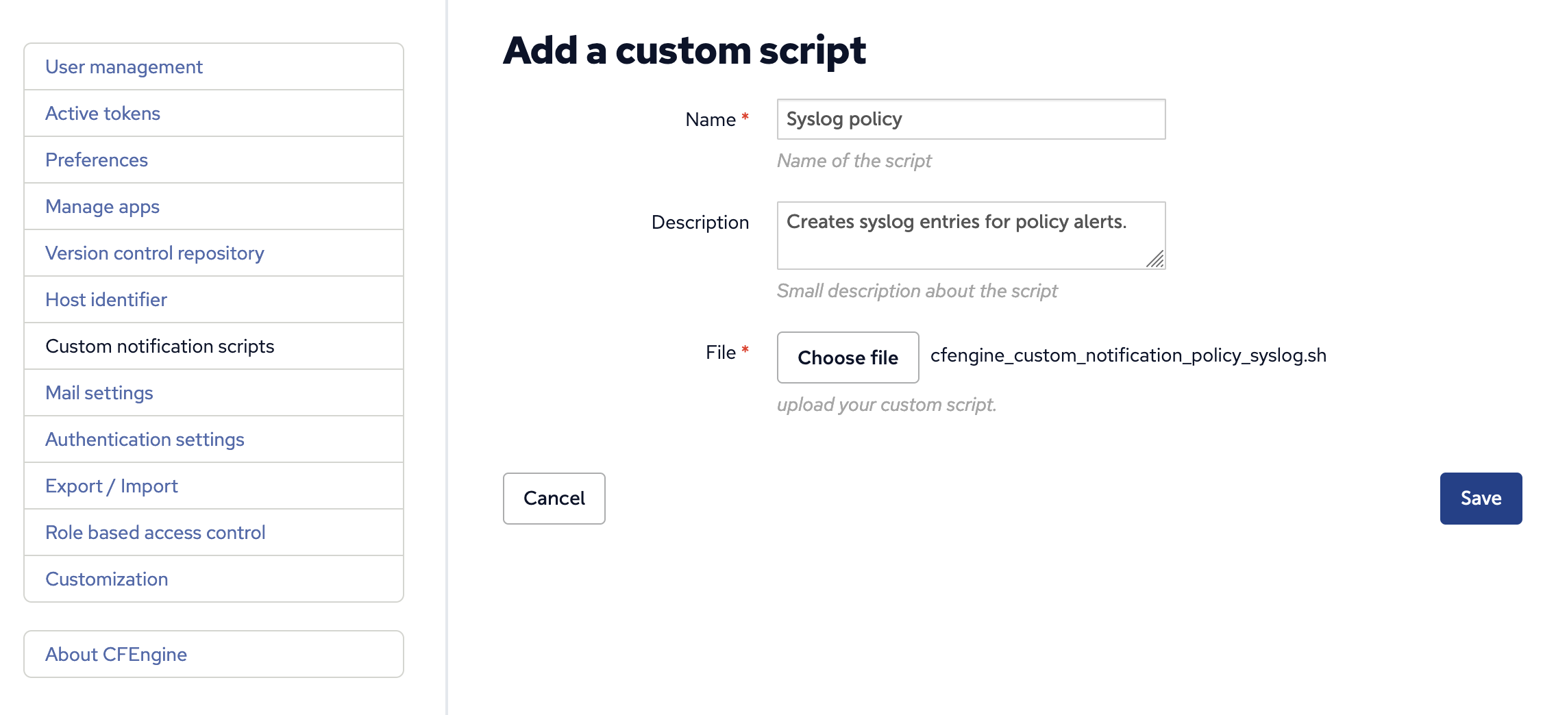 Adding Custom action syslog script
